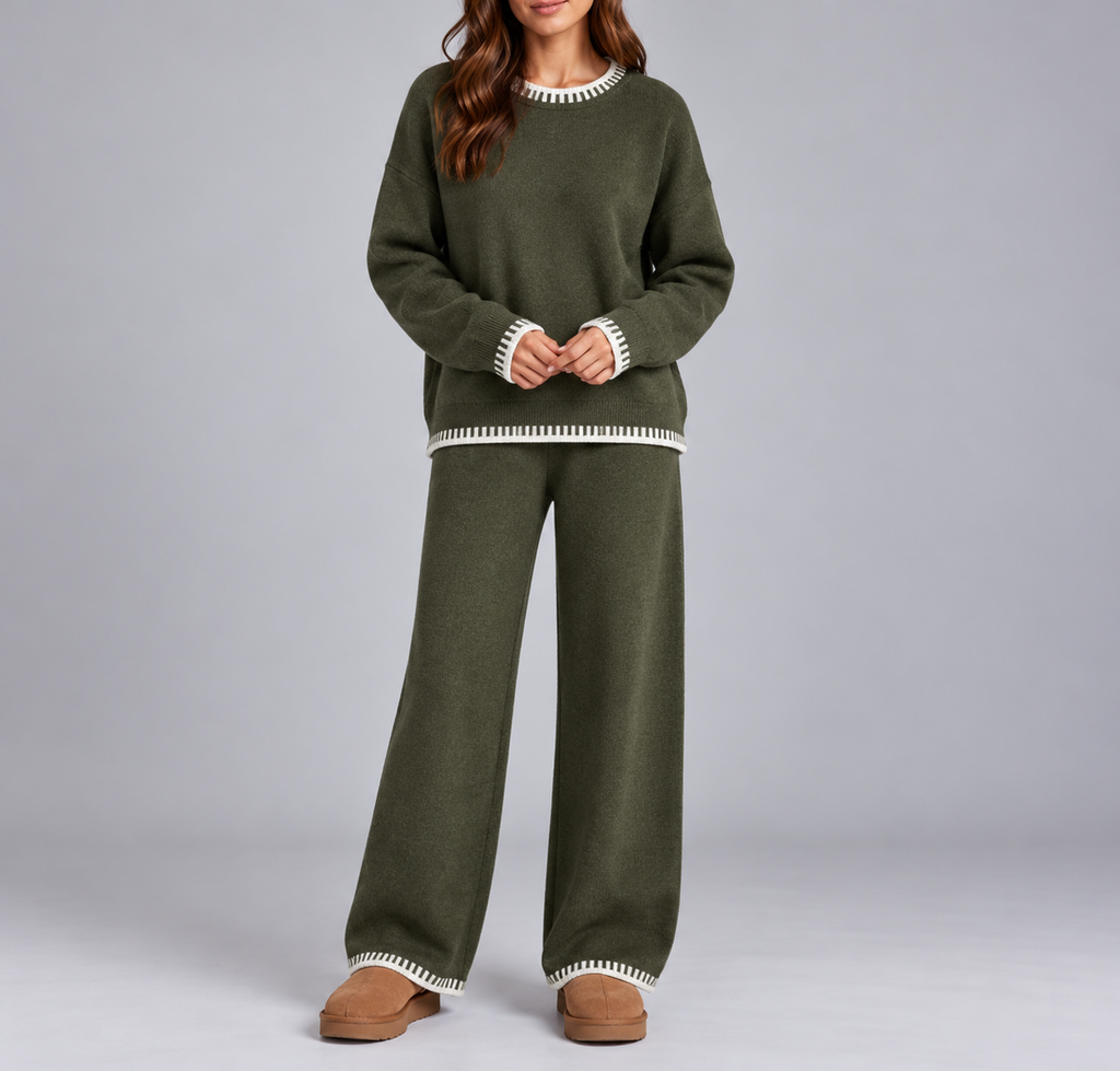 Women’s Knit Winter Lounge Set – Contrast Trim Sweater & Wide-Leg Pants