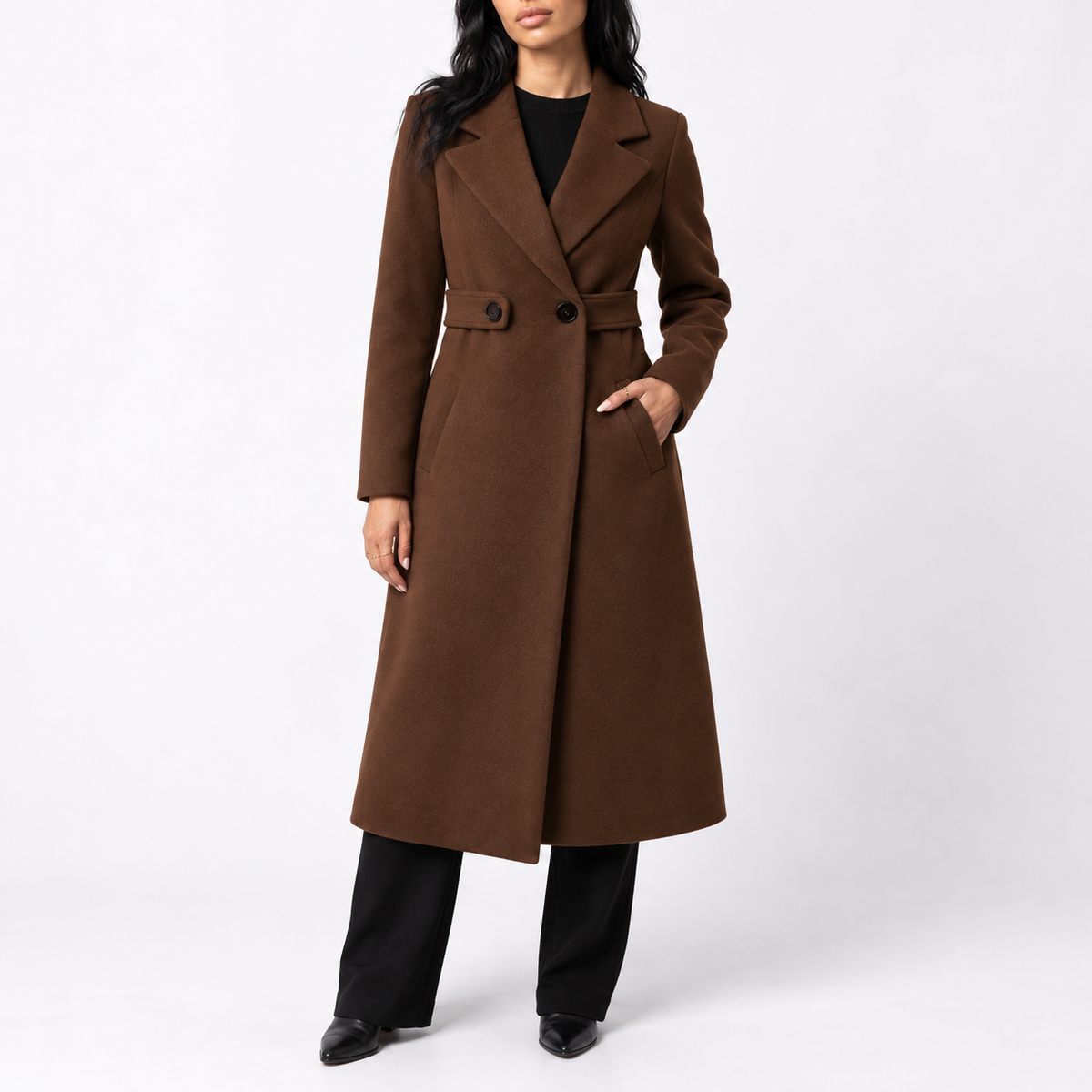 WOMENS LONG BELTED WOOL WINTER COAT WITH WIDE LAPELS AND SIDE POCKETS