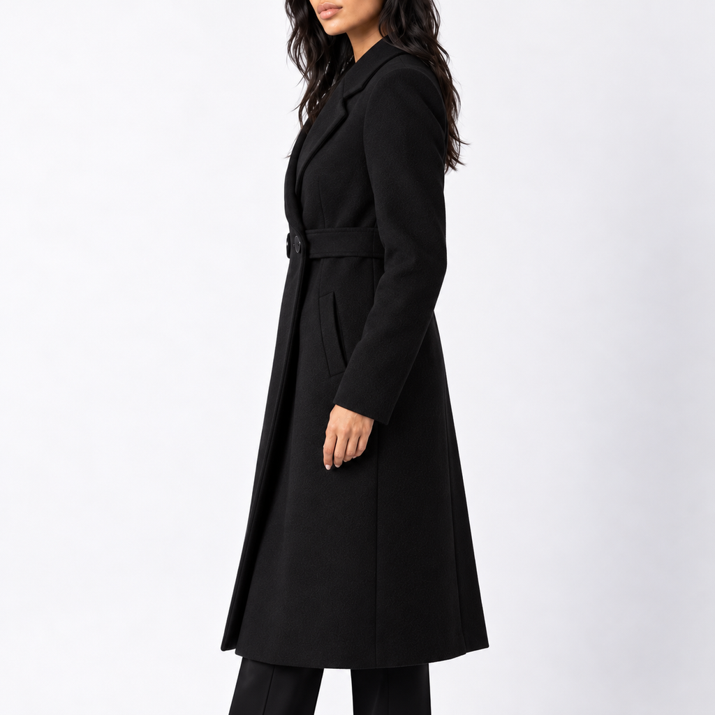 WOMENS LONG BELTED WOOL WINTER COAT WITH WIDE LAPELS AND SIDE POCKETS