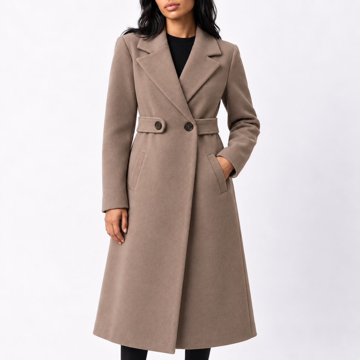WOMENS LONG BELTED WOOL WINTER COAT WITH WIDE LAPELS AND SIDE POCKETS