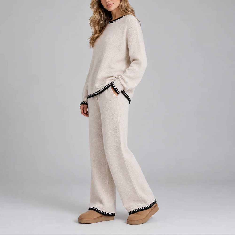 Women’s Knit Winter Lounge Set – Contrast Trim Sweater & Wide-Leg Pants