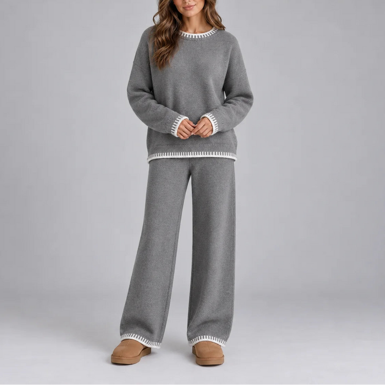 Women’s Knit Winter Lounge Set – Contrast Trim Sweater & Wide-Leg Pants