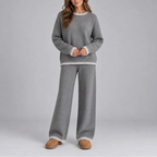 Women’s Knit Winter Lounge Set – Contrast Trim Sweater & Wide-Leg Pants