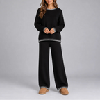 Women’s Knit Winter Lounge Set – Contrast Trim Sweater & Wide-Leg Pants