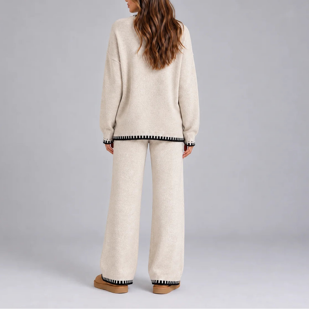 Women’s Knit Winter Lounge Set – Contrast Trim Sweater & Wide-Leg Pants