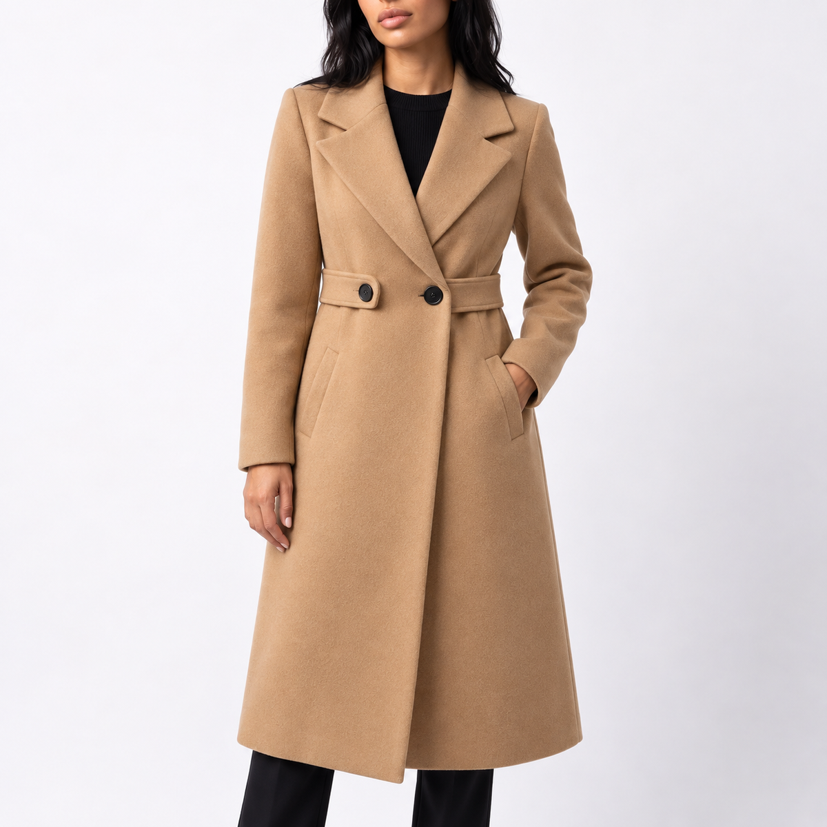 WOMENS LONG BELTED WOOL WINTER COAT WITH WIDE LAPELS AND SIDE POCKETS