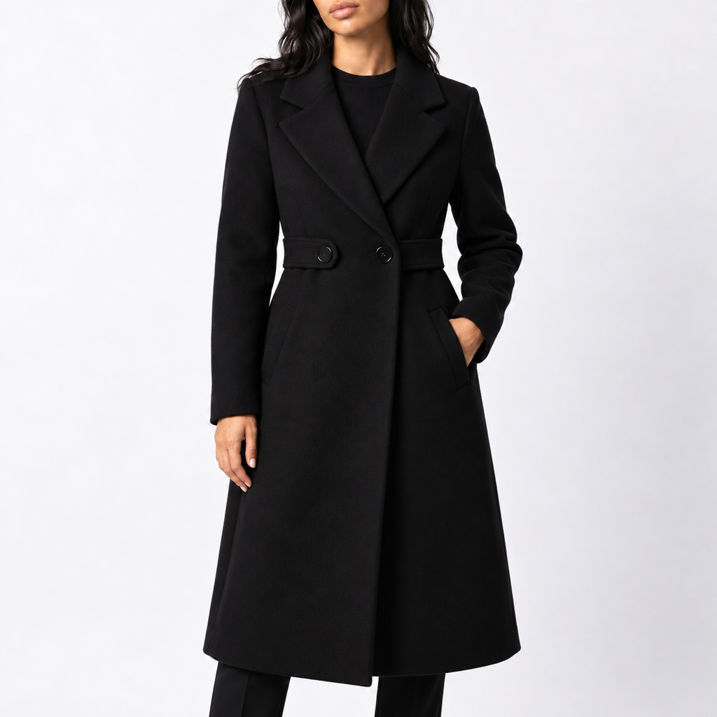 WOMENS LONG BELTED WOOL WINTER COAT WITH WIDE LAPELS AND SIDE POCKETS