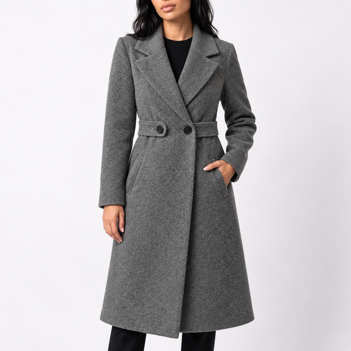 WOMENS LONG BELTED WOOL WINTER COAT WITH WIDE LAPELS AND SIDE POCKETS