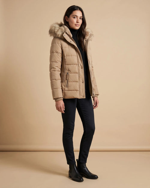 Women's Puffer Jacket with Faux Fur Hood and Zip Pockets, Fitted – Tamsin