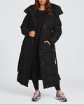 Women's Longline Hooded Belted Puffer Coat with Quilted Panels and Side Pockets – Darcy