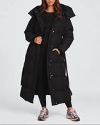Women's Longline Hooded Belted Puffer Coat with Quilted Panels and Side Pockets – Darcy
