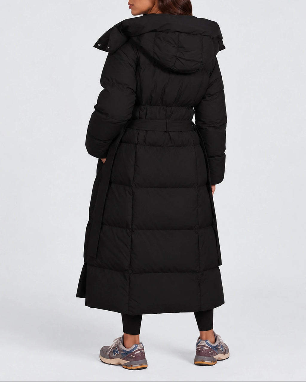 Women's Longline Hooded Belted Puffer Coat with Quilted Panels and Side Pockets – Darcy