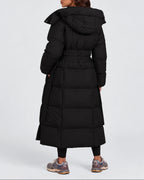 Women's Longline Hooded Belted Puffer Coat with Quilted Panels and Side Pockets – Darcy