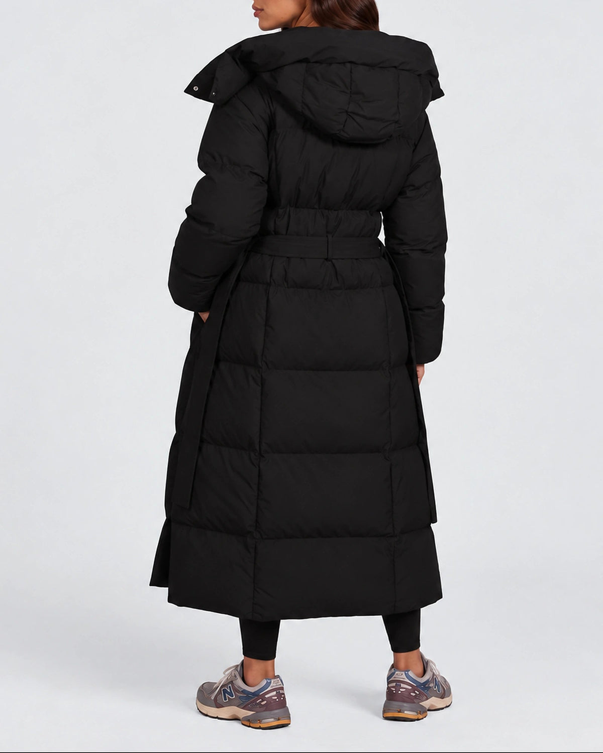 Women's Longline Hooded Belted Puffer Coat with Quilted Panels and Side Pockets – Darcy