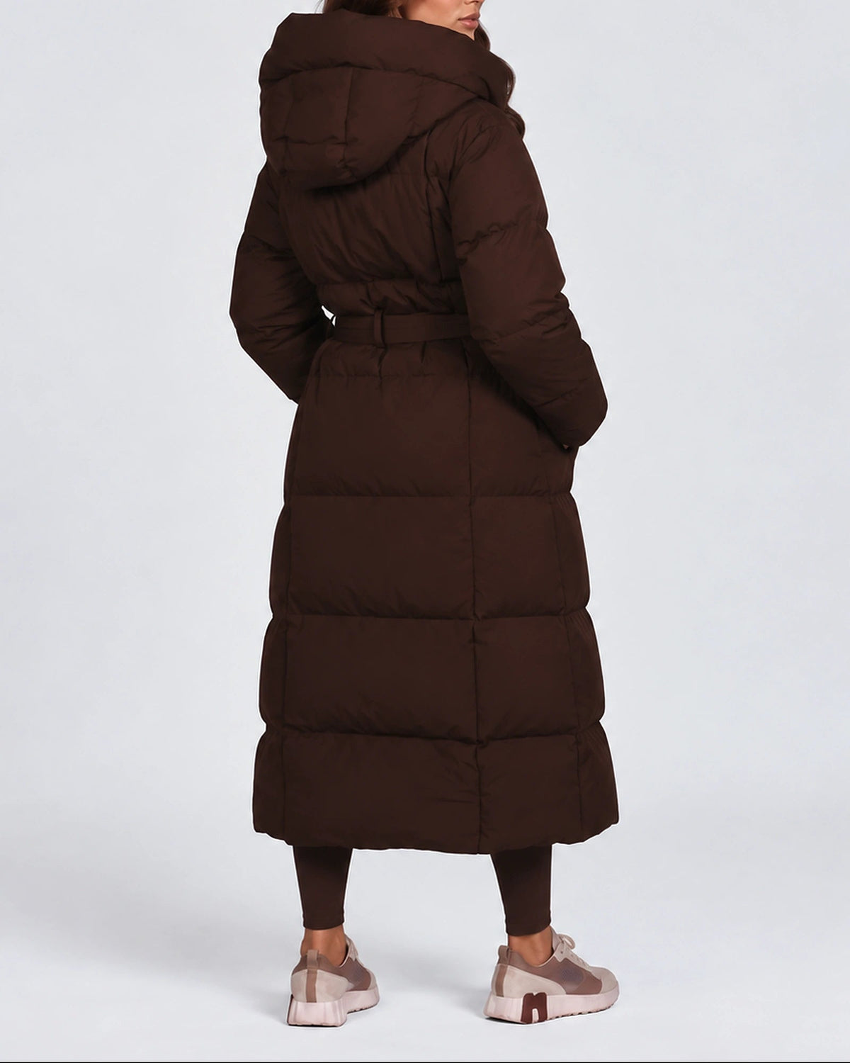 Women's Longline Hooded Belted Puffer Coat with Quilted Panels and Side Pockets – Darcy