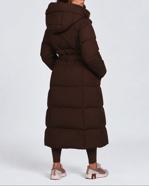 Women's Longline Hooded Belted Puffer Coat with Quilted Panels and Side Pockets – Darcy