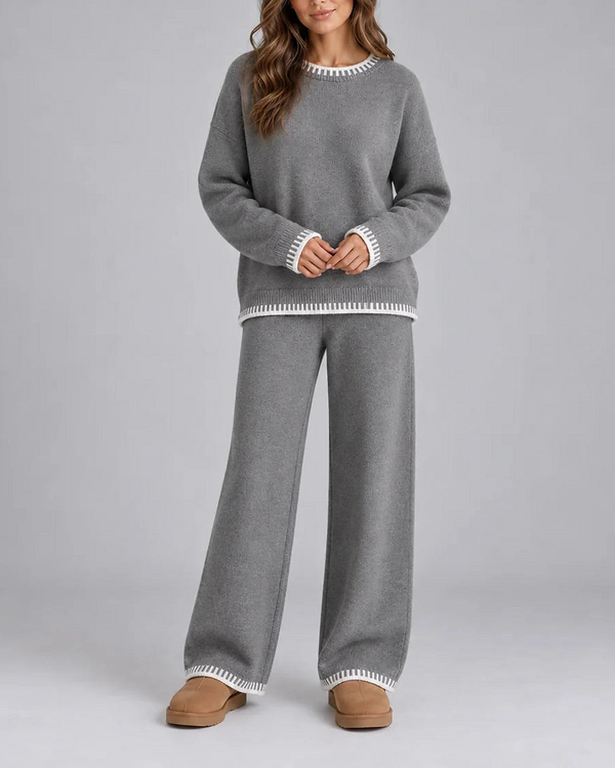 Women's Oversized Whipstitch Trim Knit Sweater and Wide Leg Pants Lounge Set – Hazel