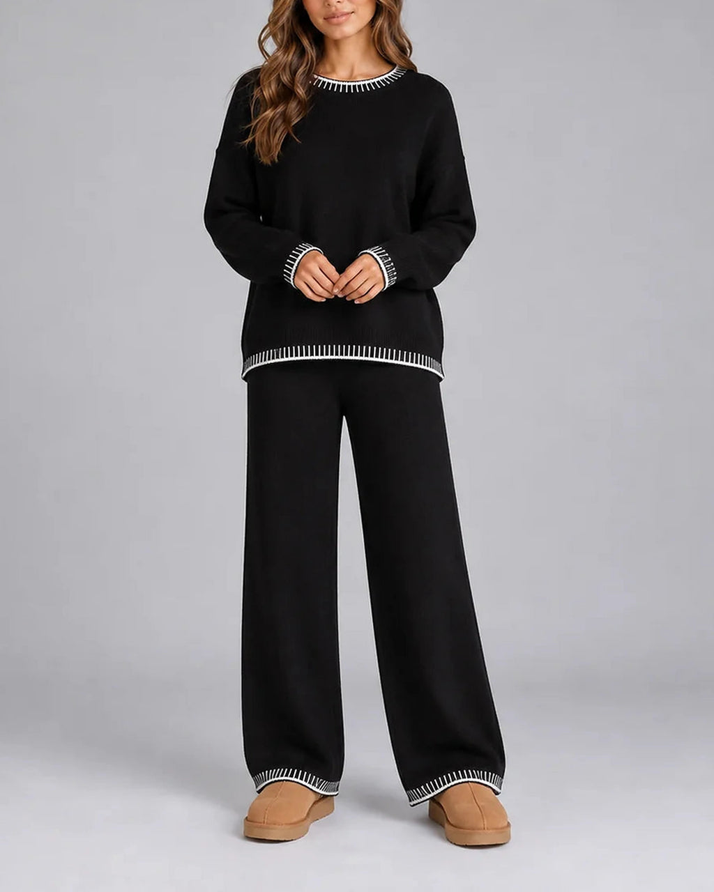 Women's Oversized Whipstitch Trim Knit Sweater and Wide Leg Pants Lounge Set – Hazel