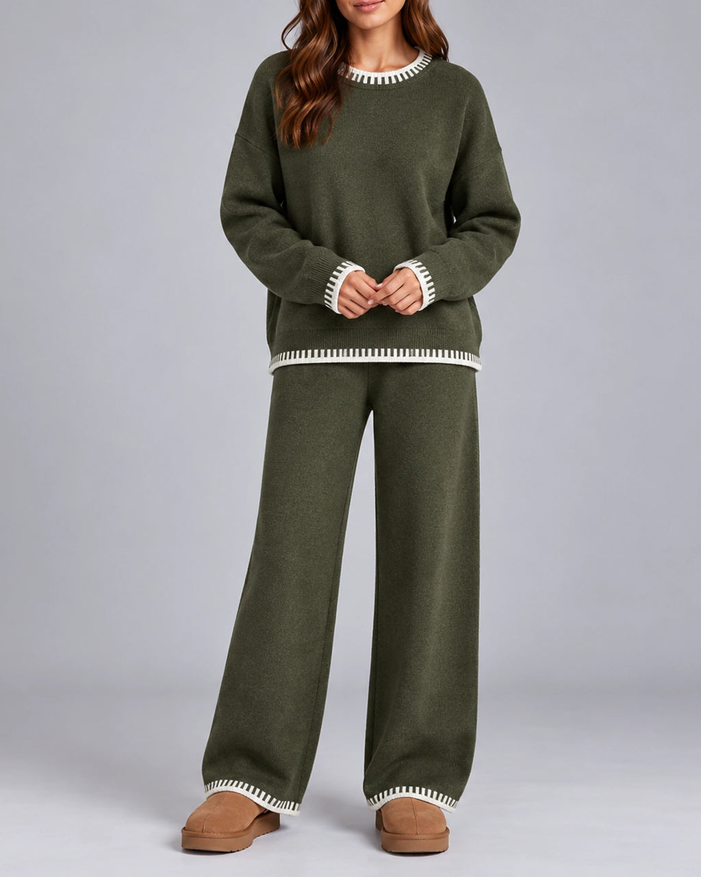 Women's Oversized Whipstitch Trim Knit Sweater and Wide Leg Pants Lounge Set – Hazel