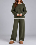 Women's Oversized Whipstitch Trim Knit Sweater and Wide Leg Pants Lounge Set – Hazel